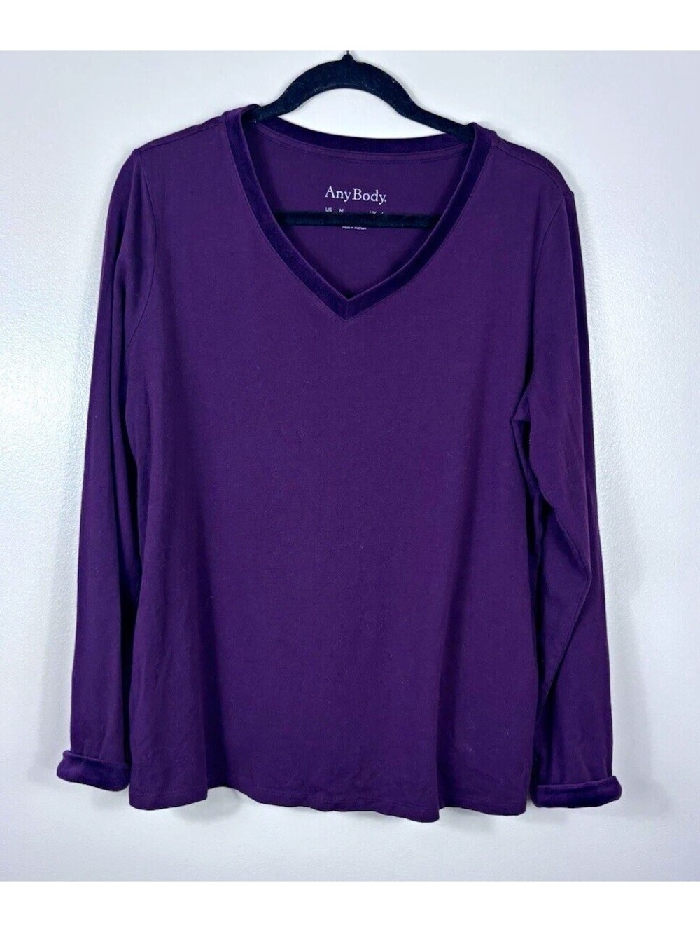 AnyBody Loungewear Plum Burgundy Cotton Modal Velour Trim V-Neck Top Sz M Soft